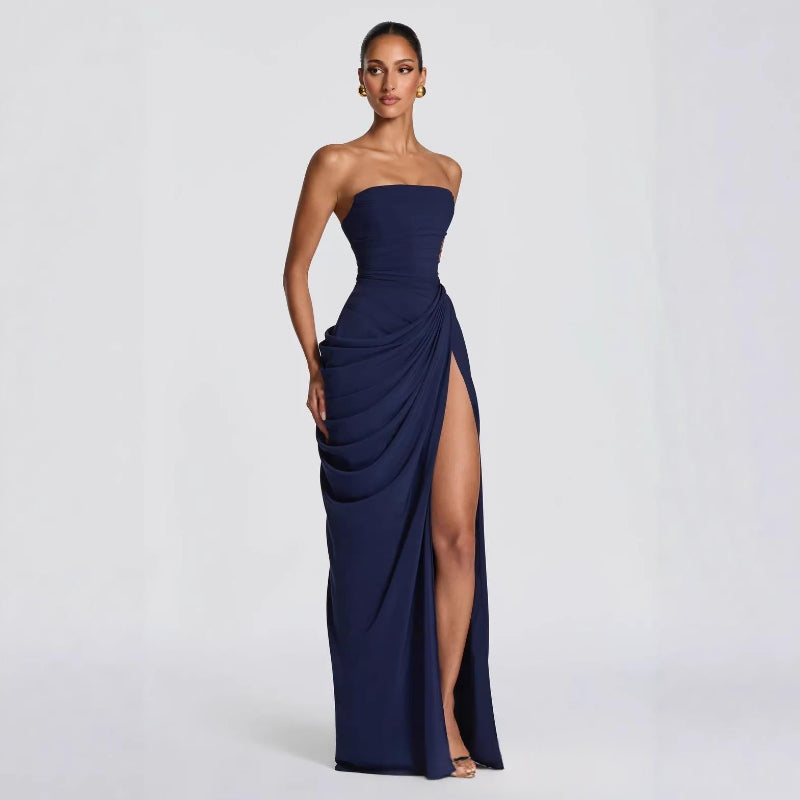 French Style Romantic Strapless Pleated Slit Maxi Dress - Navy Blue