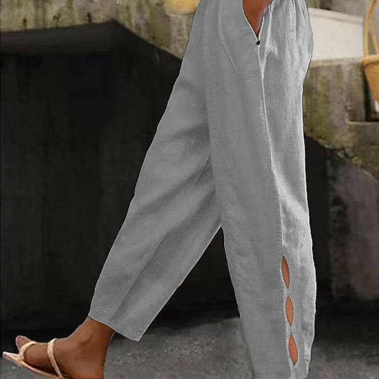 Button-Adorned Bottom Hem Pants - grey