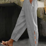 Button-Adorned Bottom Hem Pants - grey