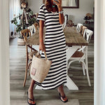 A collection of V-neck casual loose midi dresses with striped patterns and side slits, available in various colors.