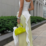 White Fitted Scoop-Neck Spaghetti-Strap Asymmetric Cascade-Ruffle Hem Top
