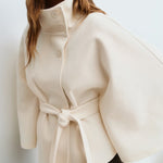 High Neck Batwing Sleeve Coat With Belt - white