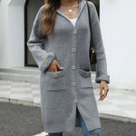 Pocketed Button Up Long Sleeve Hooded Cardigan - runwayfashonista.com