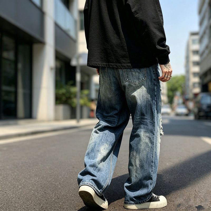 Men's Heavy-Distressed Washed Ripped Baggy Wide-Leg Streetwear Denim Jeans