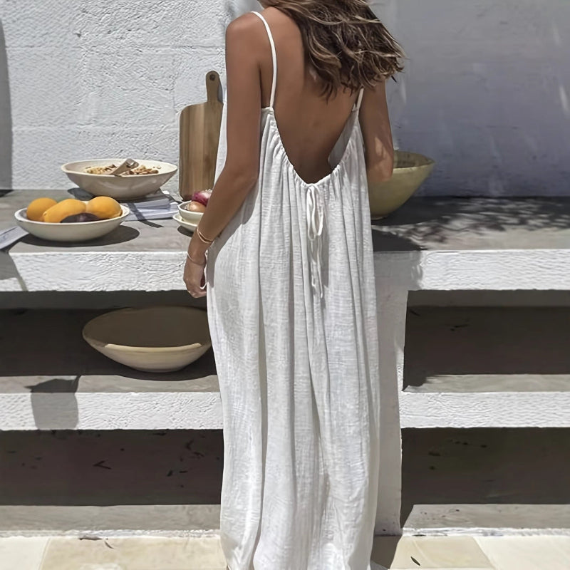 U-cut Backless Tie-up Long Dresses - white