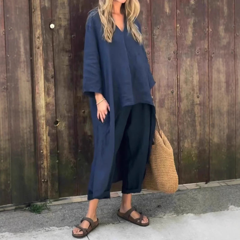 V-neck Top & Wide Leg Pants Set - blue