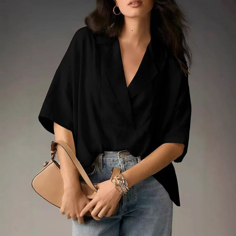 Casual Loose Short Sleeve Lapel Tops - black
