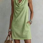 Draped Neck Sleeveless Vacation Mini Dress - light green