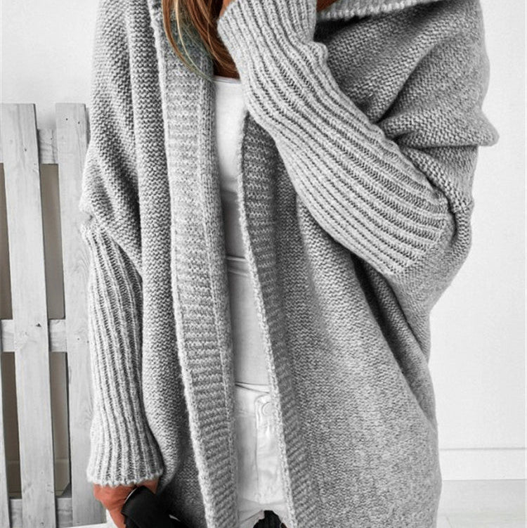 Oversized Bat Sleeve Hooded Cardigan - grey