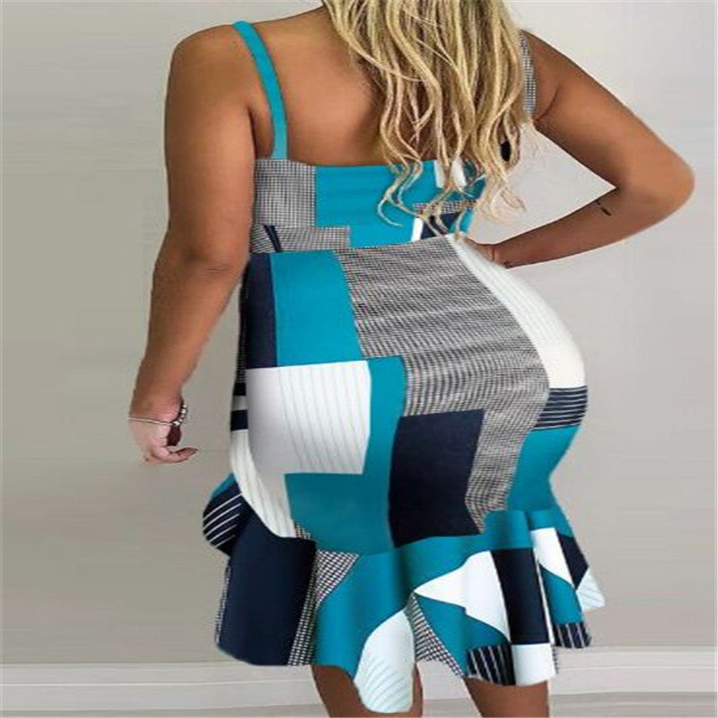 Printed V-Neck Split Midi Dress - blue