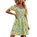 Floral Shirred Puff Sleeve Mini Dress - yellow