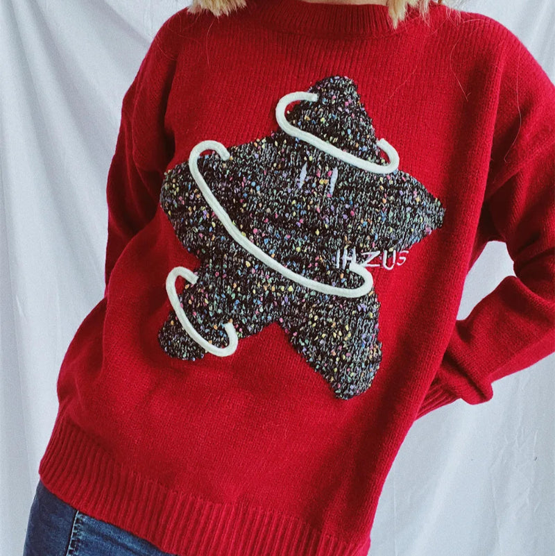 Contrast Star Round Neck Long Sleeve Sweater - runwayfashionista.com