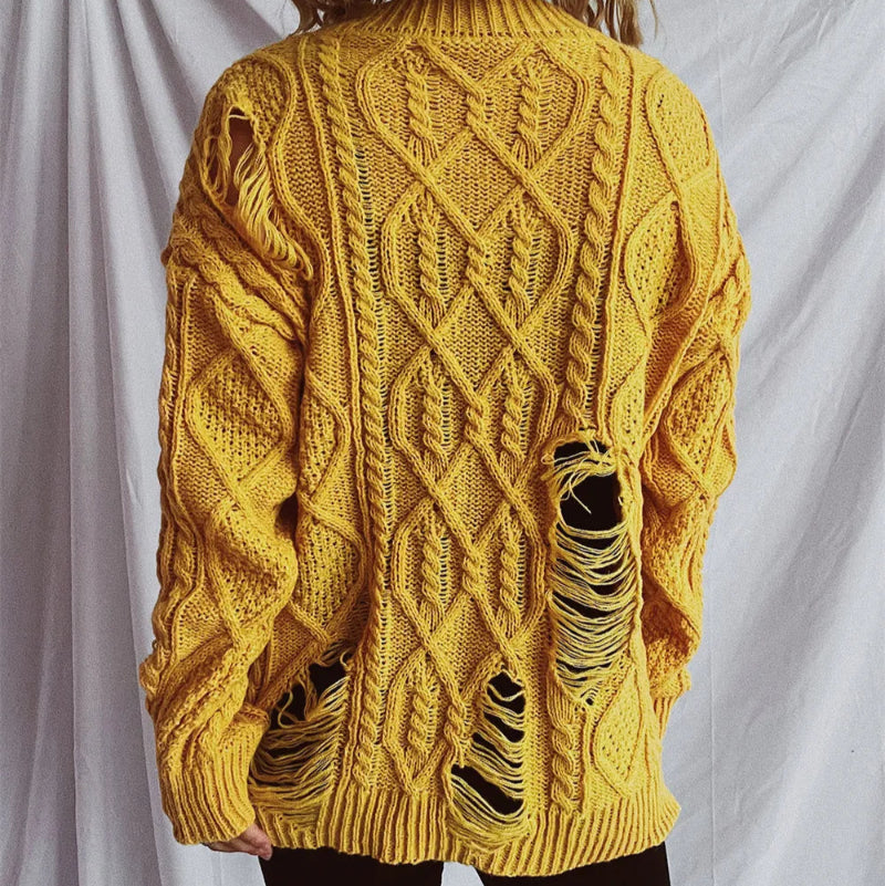 Distressed Cable-Knit Round Neck Long Sleeve Sweater -runwayfashionista.com
