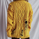 Distressed Cable-Knit Round Neck Long Sleeve Sweater -runwayfashionista.com