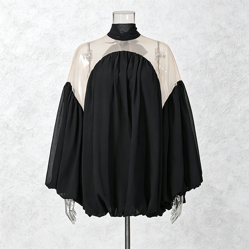 Detachable Choker Cold-Shoulder Balloon-Sleeve Bubble-Hem Mini Dress - black