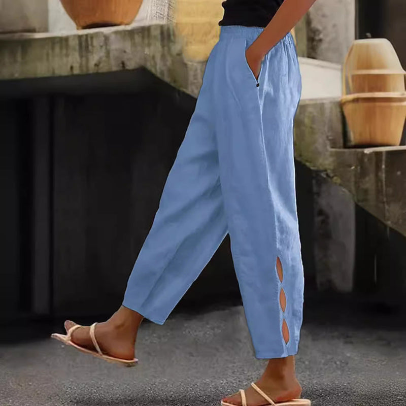 Button-Adorned Bottom Hem Pants - blue