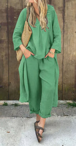 V-neck Long Top And High Waist Wide Leg Pants -green