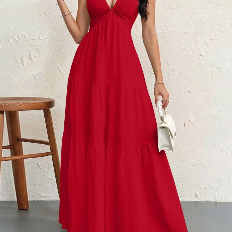 Backless Halterneck V-Neck Pleated A- Line Midi Dress - red
