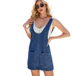 Blue Denim Pinafore Mini Dress with Pockets