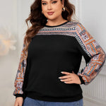 Honey Plus Size Printed Long Sleeve Sweatshirt in Black, Navy, Army Green with geometric print and round neck. Loose fit pullover