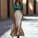 Emerald & Champagne Colourblock Satin Wrap Top & Maxi Skirt Set