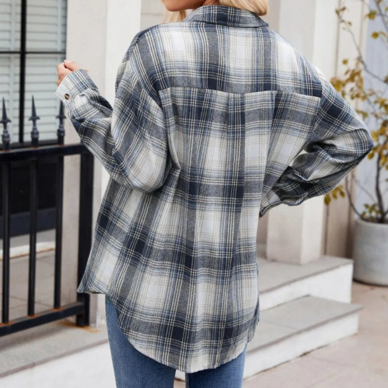 Plaid Collared Neck Long Sleeve Shirt - runwayfashionista.com