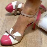Colour-Block Bow Ankle-Strap Heels - white