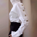 Chic Commute: The High Neck Metal Button Off-Shoulder Top