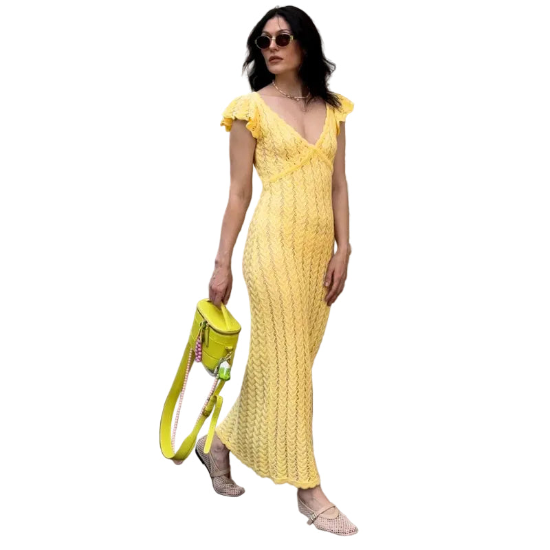 Flutter Sleeve V-Neck Openwork Maxi Dress - yellow