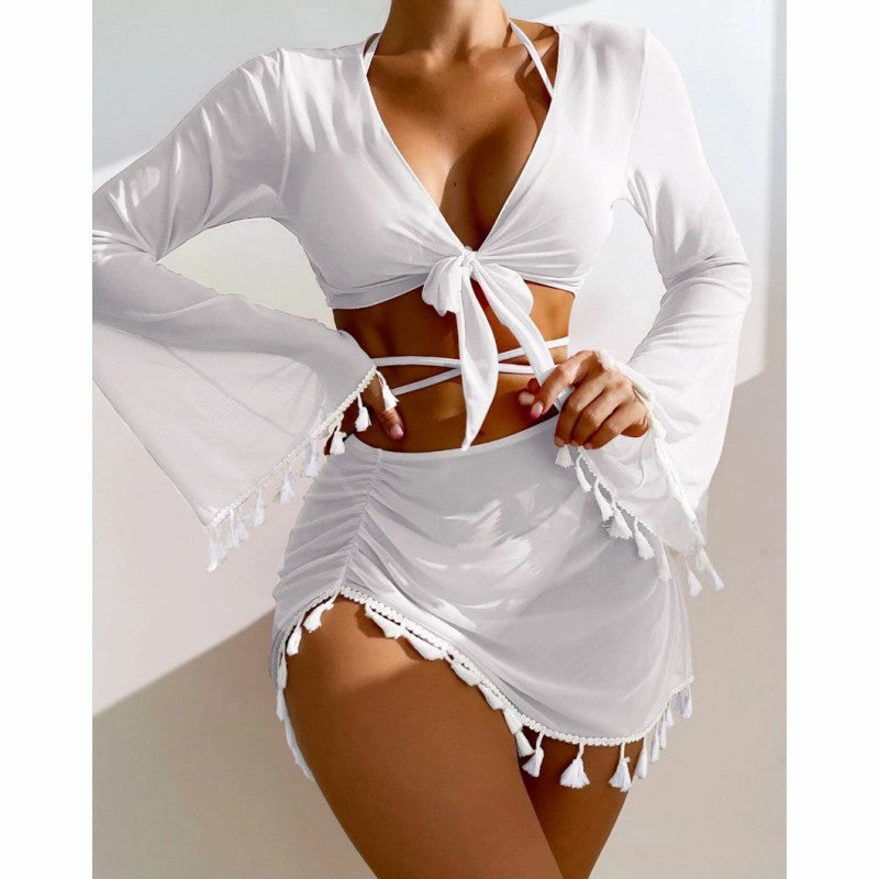 Boho Tassel-Trim Deep-V Tie-Front Flare-Sleeve Crop Top, Ruched Mini Skirt & Bikini 3-Piece Beach Set - white