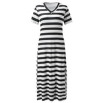 A collection of V-neck casual loose midi dresses with striped patterns and side slits, available in various colors.