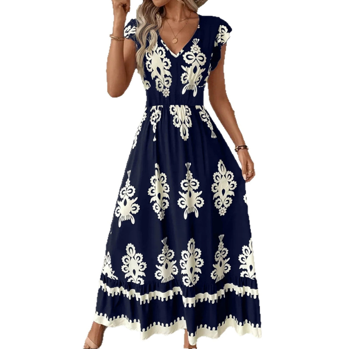 High-waisted, Figure-flattering, Elegant Maxi Dress - navy blue