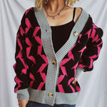 Contrast Trim Geometric V-Neck Long Sleeve Cardigan - runwayfashionista.com