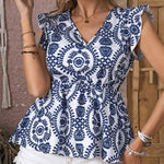 Ruffled Printed V-Neck Cap Sleeve Blouse - runwayfashionista.com