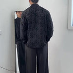 Black Jacquard Mandarin Collar Top With Asymmetric Button Placket