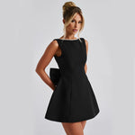 Big-Bowed Pearls Backless Mini Dress