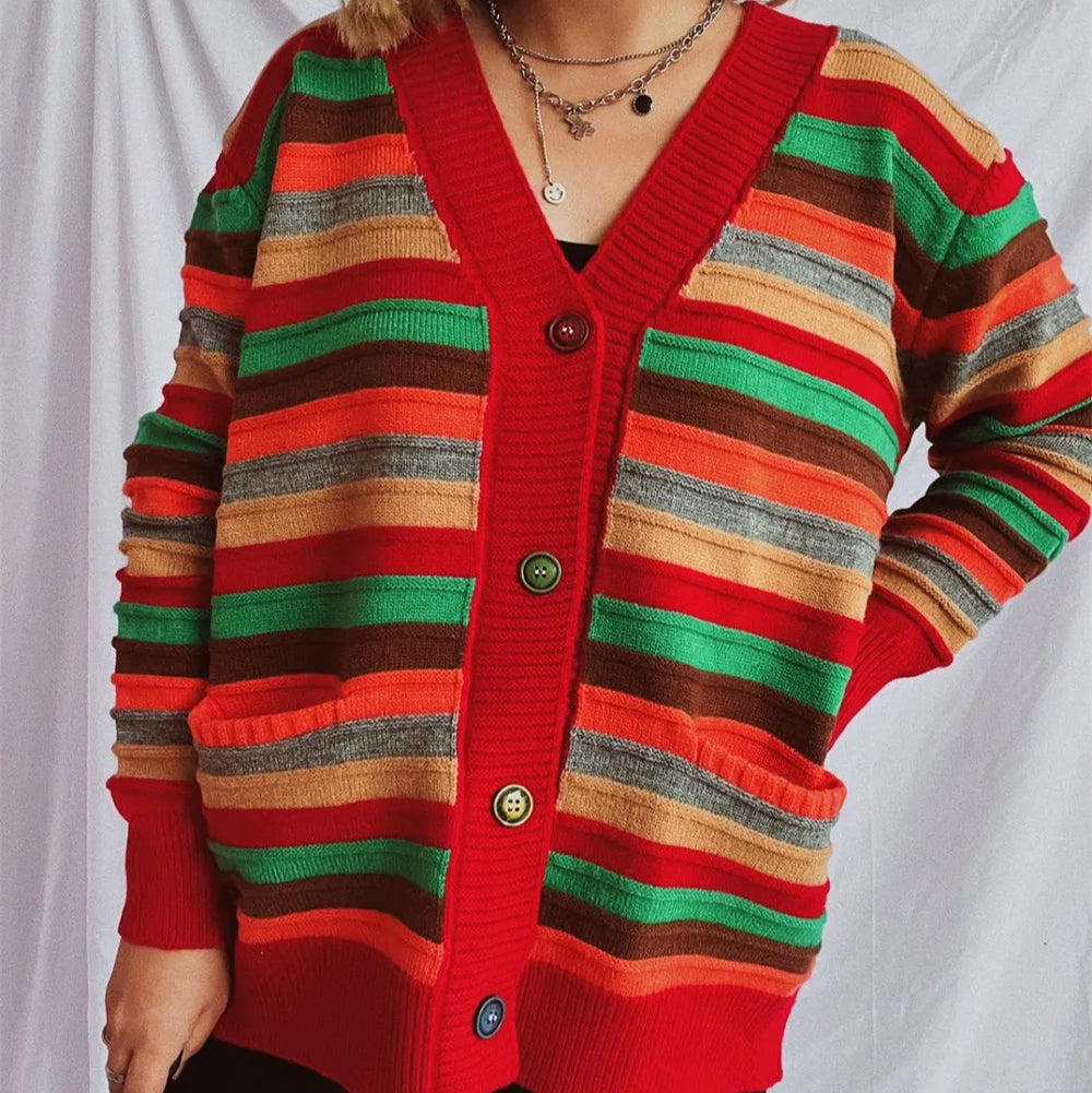 Contrast Stripes Button Up Long Sleeve Cardiganrunwayfashonista.com