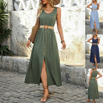 Round-neck Sleeveless Split Midi Dress - army green