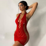 Lace Mini Mesh Halter Dress - red