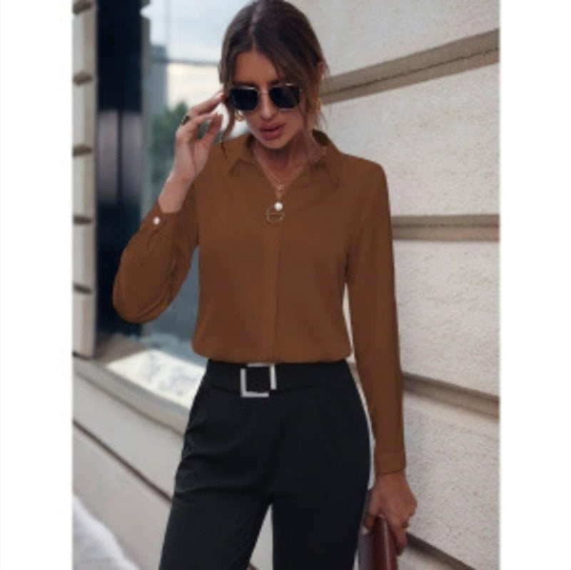V-neck Long-sleeved Shirts -brown