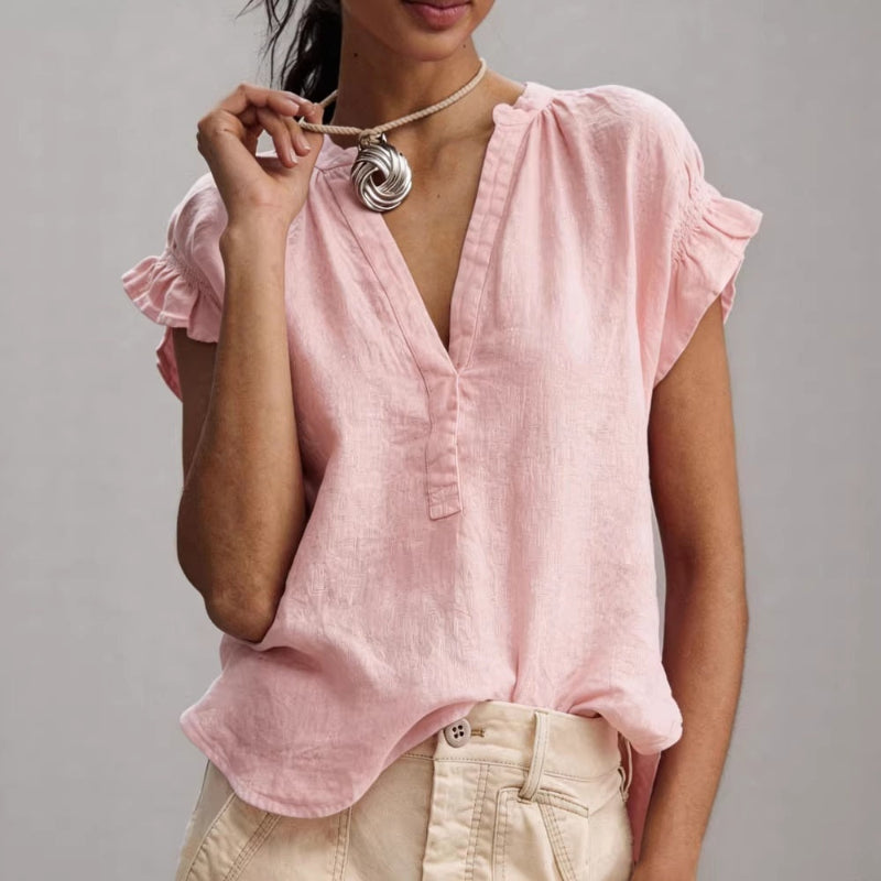 Casual V-Neck Cotton-Linen Blouse - pink