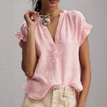 Casual V-Neck Cotton-Linen Blouse - pink
