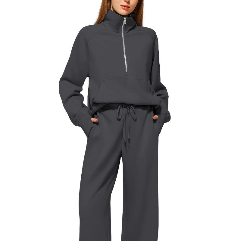 Half Zip Long Sleeve Sweatshirt And Wide Leg Pants Set