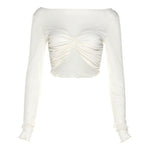 Round Neck Design Pleated Short Open Umbilical Slim T-Shirt - runwayfashionista.com