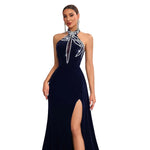Crystal Starburst Halter Velvet Mermaid Gown with High Slit