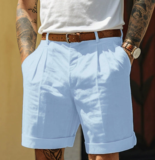 Pleated Linen Shorts with Turn-Up Hem - light blue