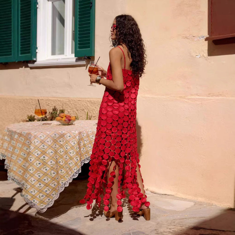 Hollow-Out Polka Dot Midi Slip Dress - red