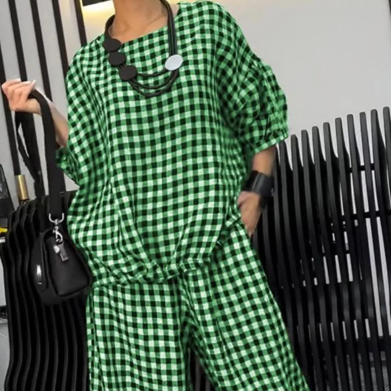 Plaid Round Neck Half Sleeve Top and Pants Set -runwayfashionista.com