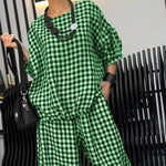 Plaid Round Neck Half Sleeve Top and Pants Set -runwayfashionista.com