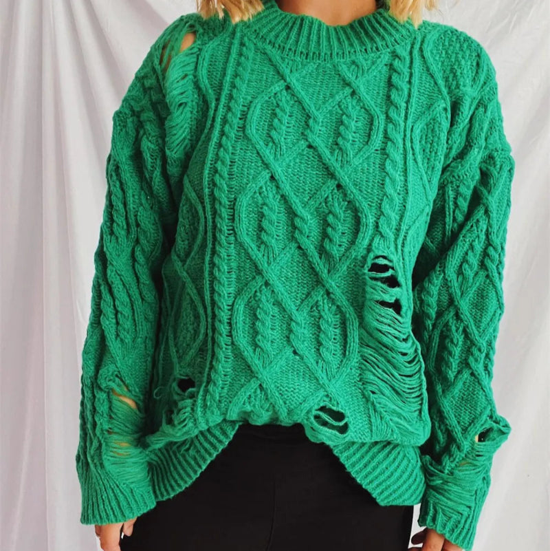 Distressed Cable-Knit Round Neck Long Sleeve Sweater -runwayfashionista.com